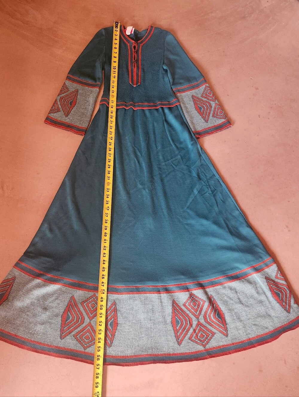 STUNNING vintage 70s teal knit maxi sweater dress S southwestern hippie desert - Picture 10 of 10